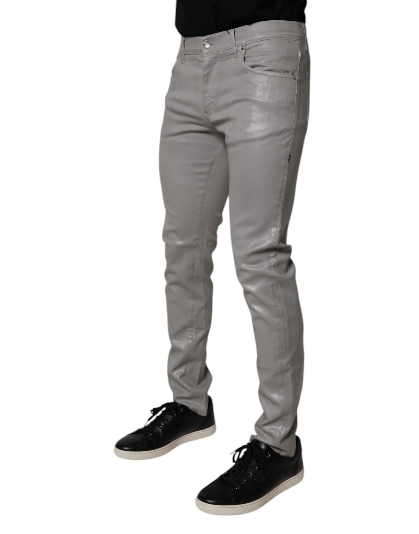 Gray Slim Fit Denim Cotton Metal Logo Jeans