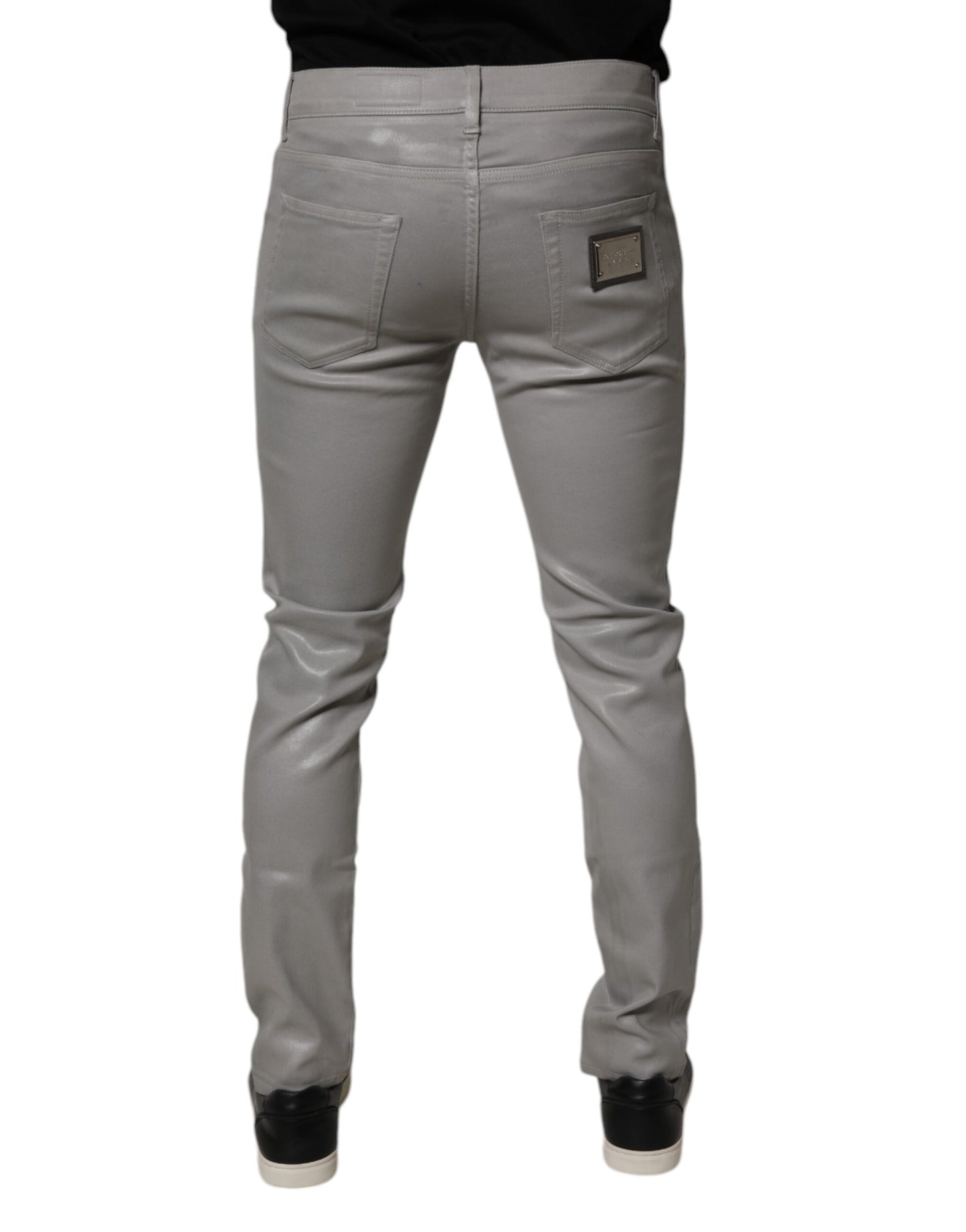 Gray Slim Fit Denim Cotton Metal Logo Jeans