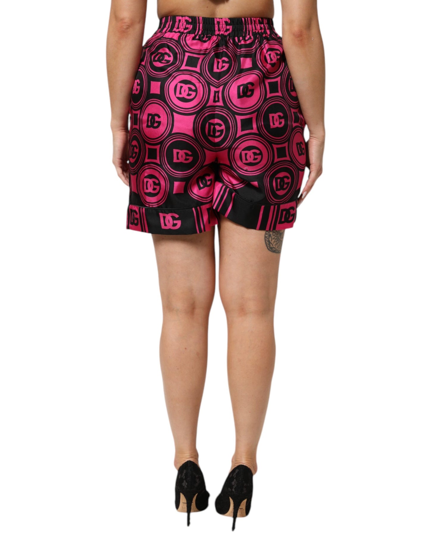 Dolce & Gabbana Pink Black Silk Logo Print DG Pattern Shorts