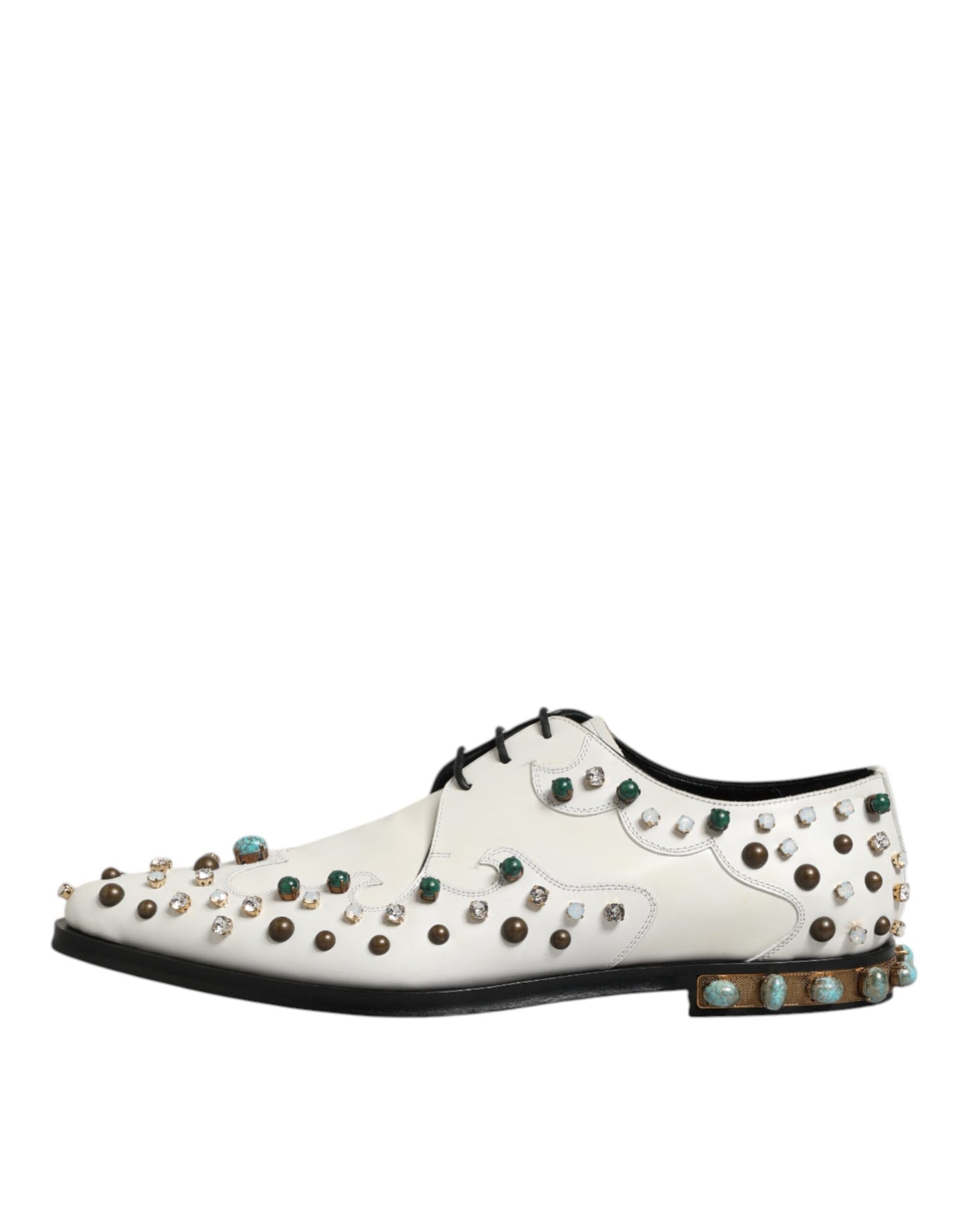 White Leather Crystals Embellished Derby Shoes