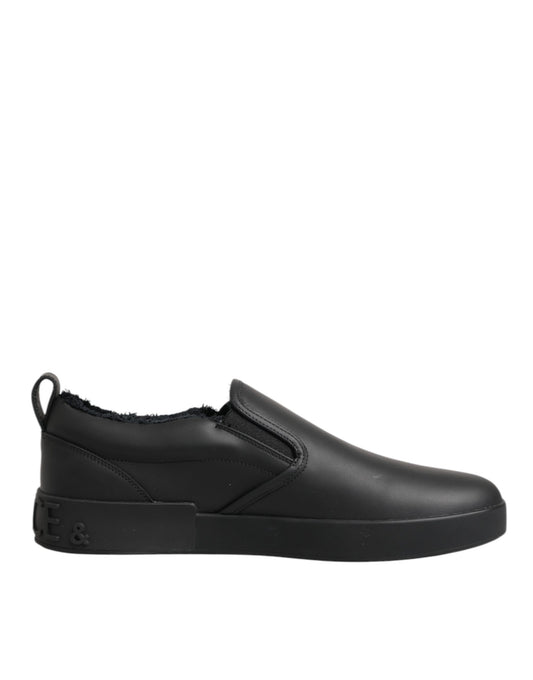 Black Leather Low Top Slip On Sneakers Shoes