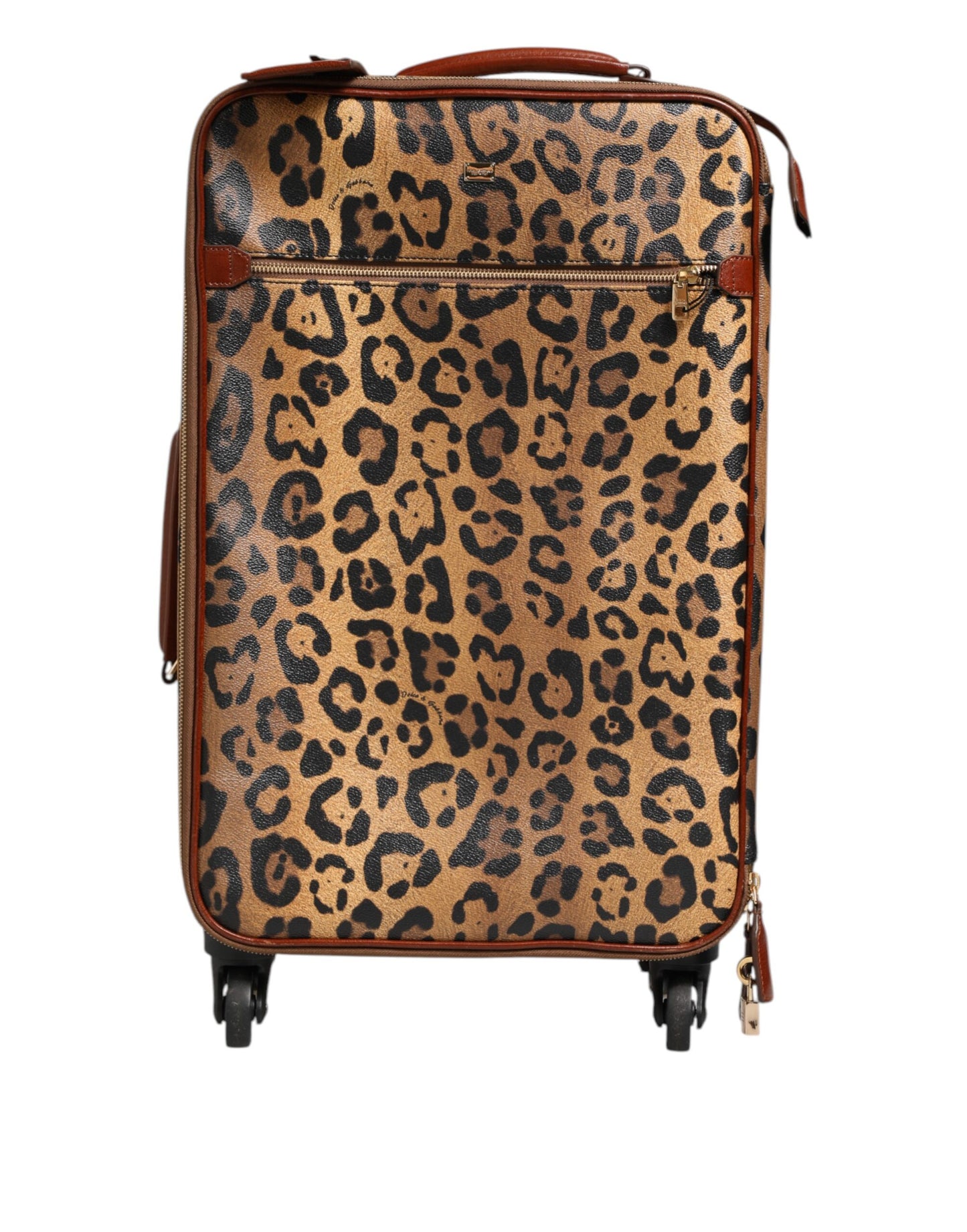 Brown Leopard Print Leather Trolley Travel Wheel Suitcase Bag