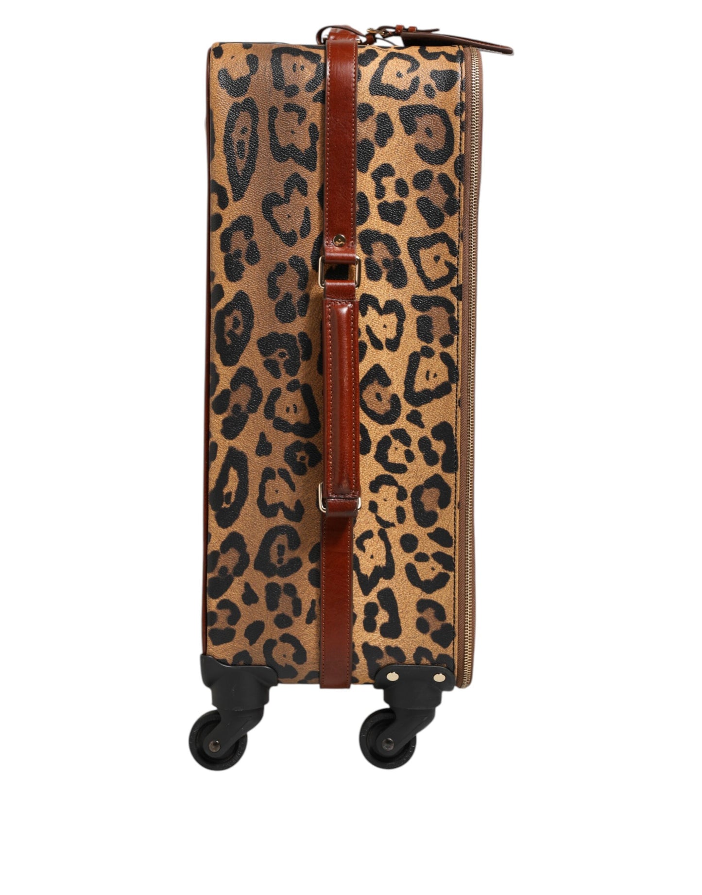 Brown Leopard Print Leather Trolley Travel Wheel Suitcase Bag