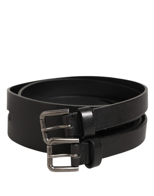 Black Double Strap Leather Silver Buckle Belt