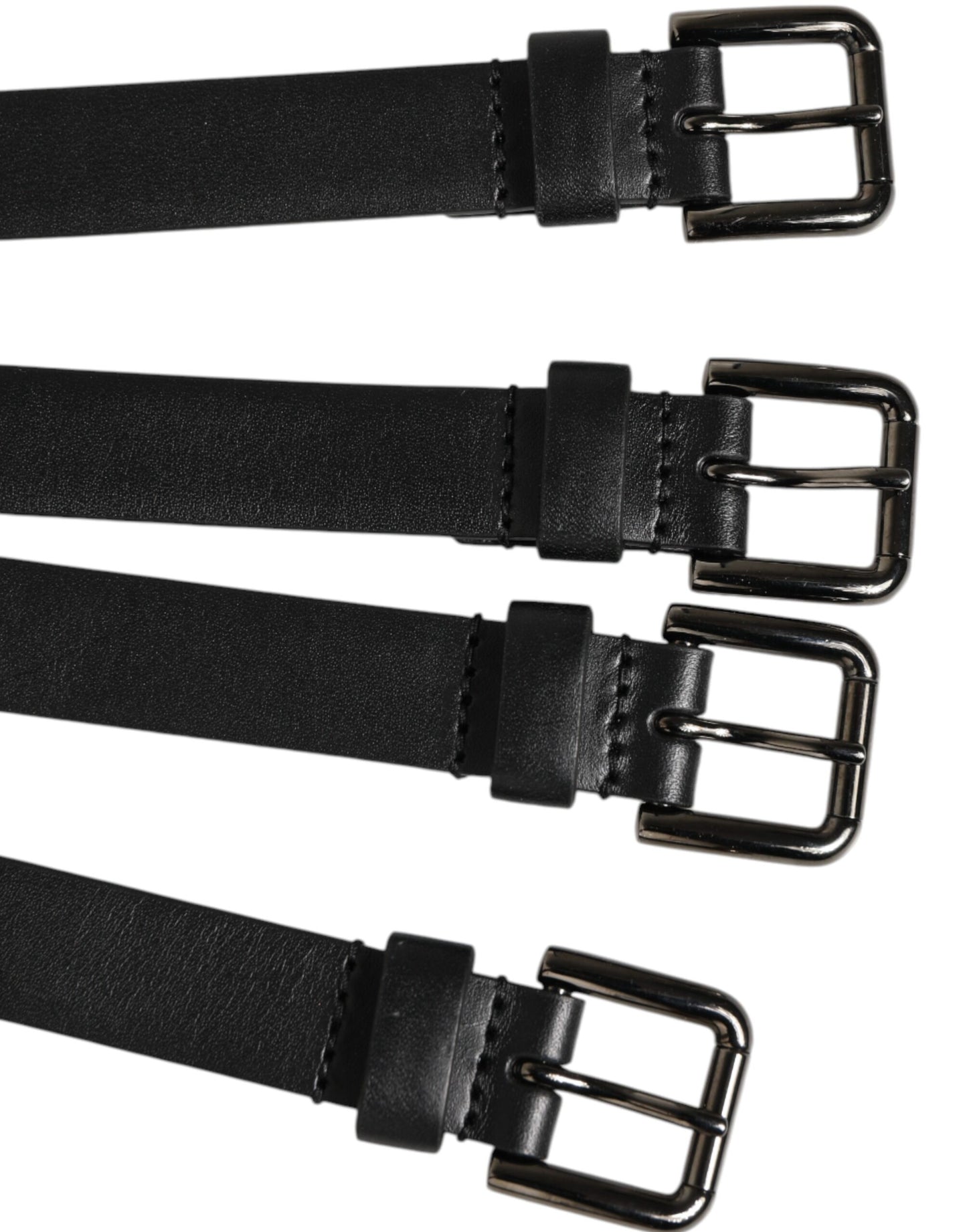 Black Leather 4-Strap Metal Multi-Buckle Belt
