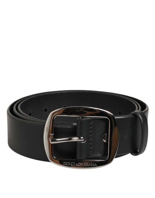 Black Leather Classic Metal Logo Buckle Belt