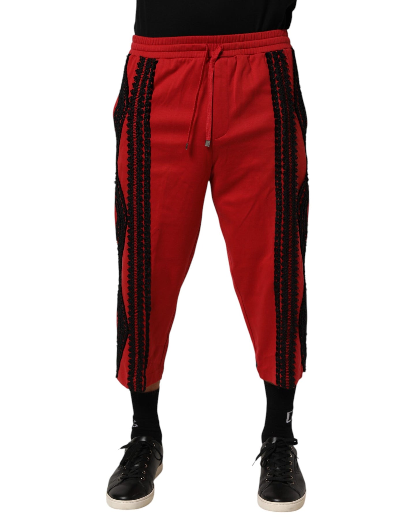 Red Embroidered Casual Cropped Trouser Pants