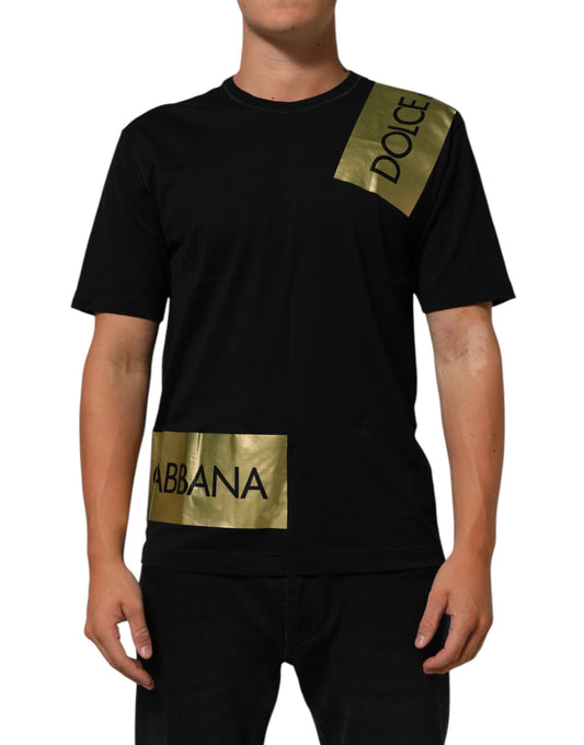 Black Logo Tape Cotton Crew Neck Men T-shirt