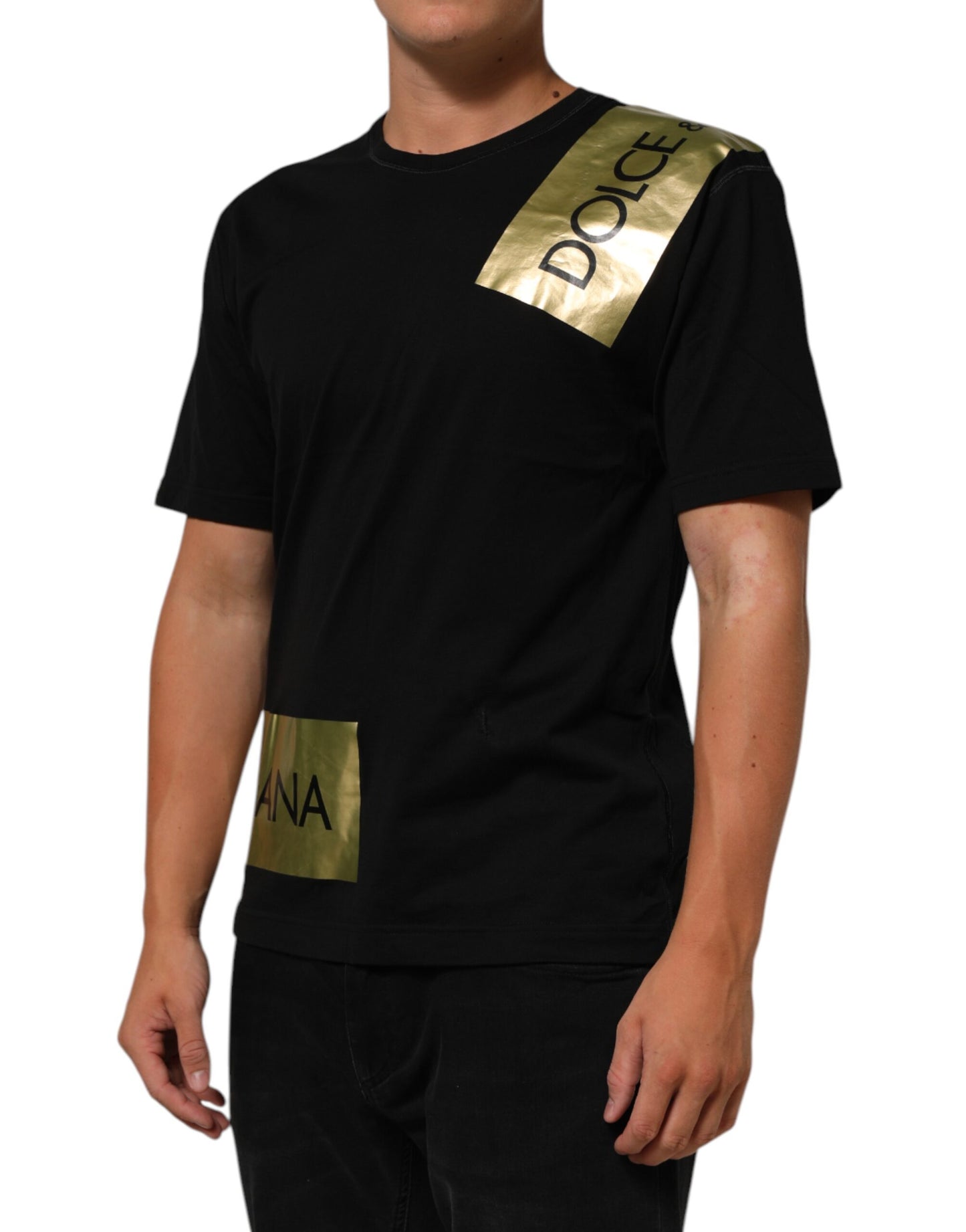 Black Logo Tape Cotton Crew Neck Men T-shirt