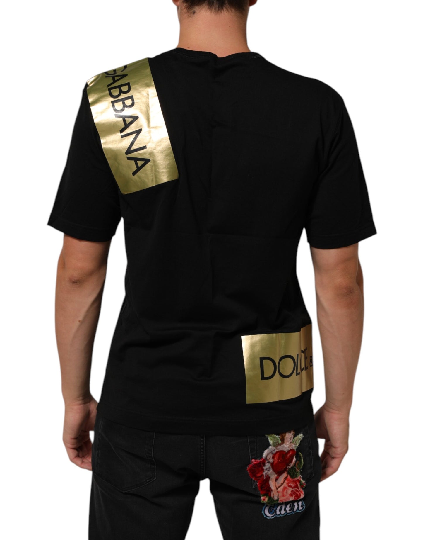 Black Logo Tape Cotton Crew Neck Men T-shirt