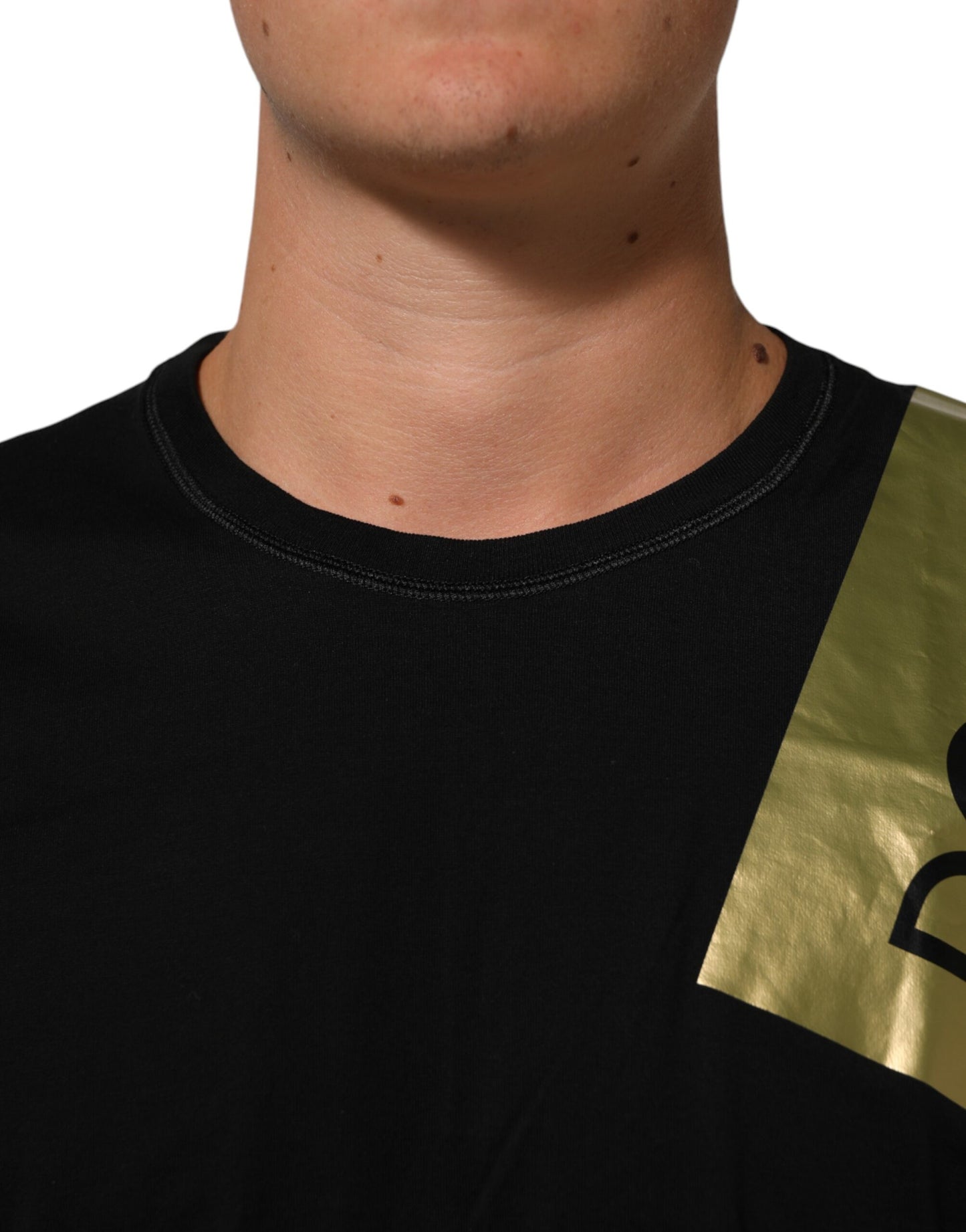 Black Logo Tape Cotton Crew Neck Men T-shirt