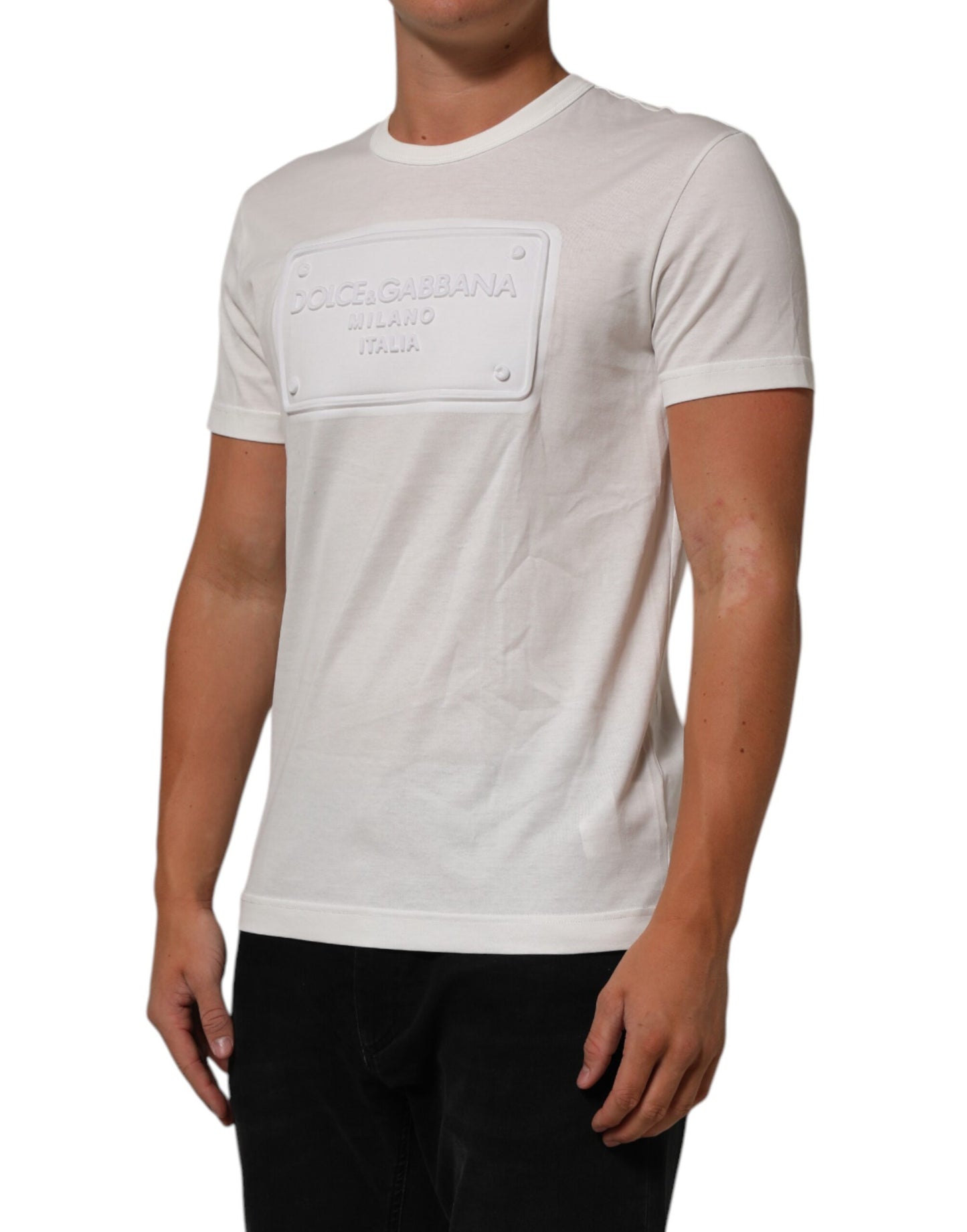 White Logo Patch Cotton Crew Neck Men T-shirt