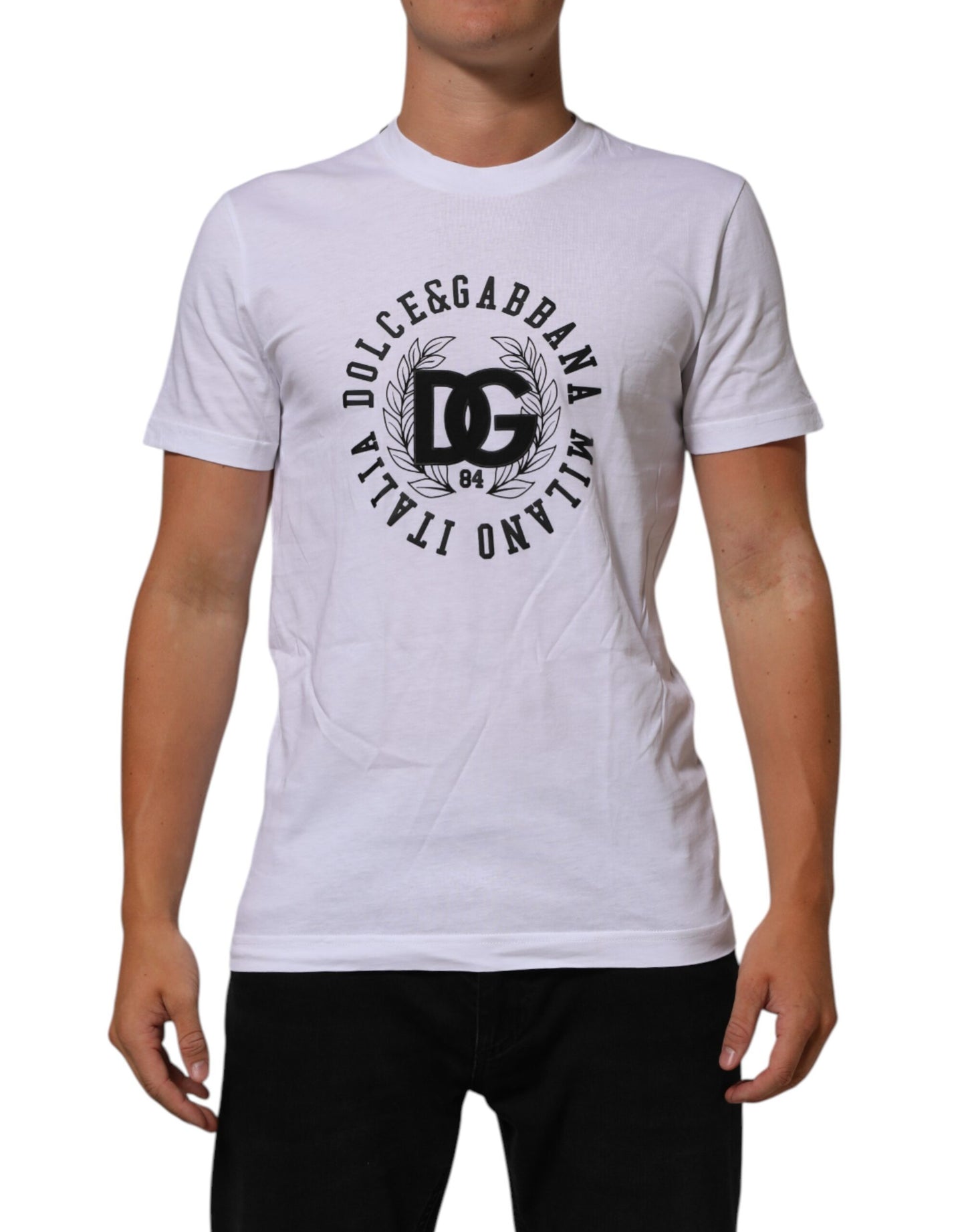 White Cotton Logo Print Crew Neck Men T-shirt