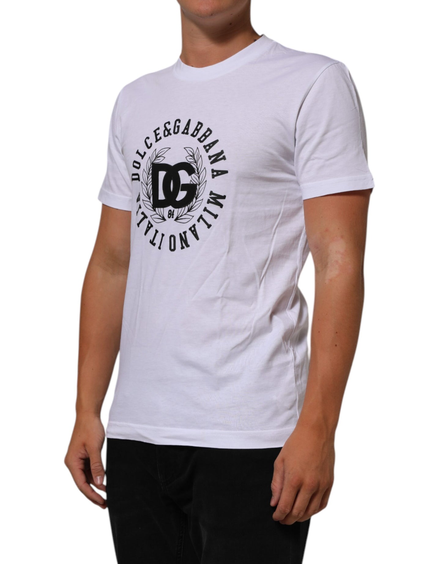 White Cotton Logo Print Crew Neck Men T-shirt
