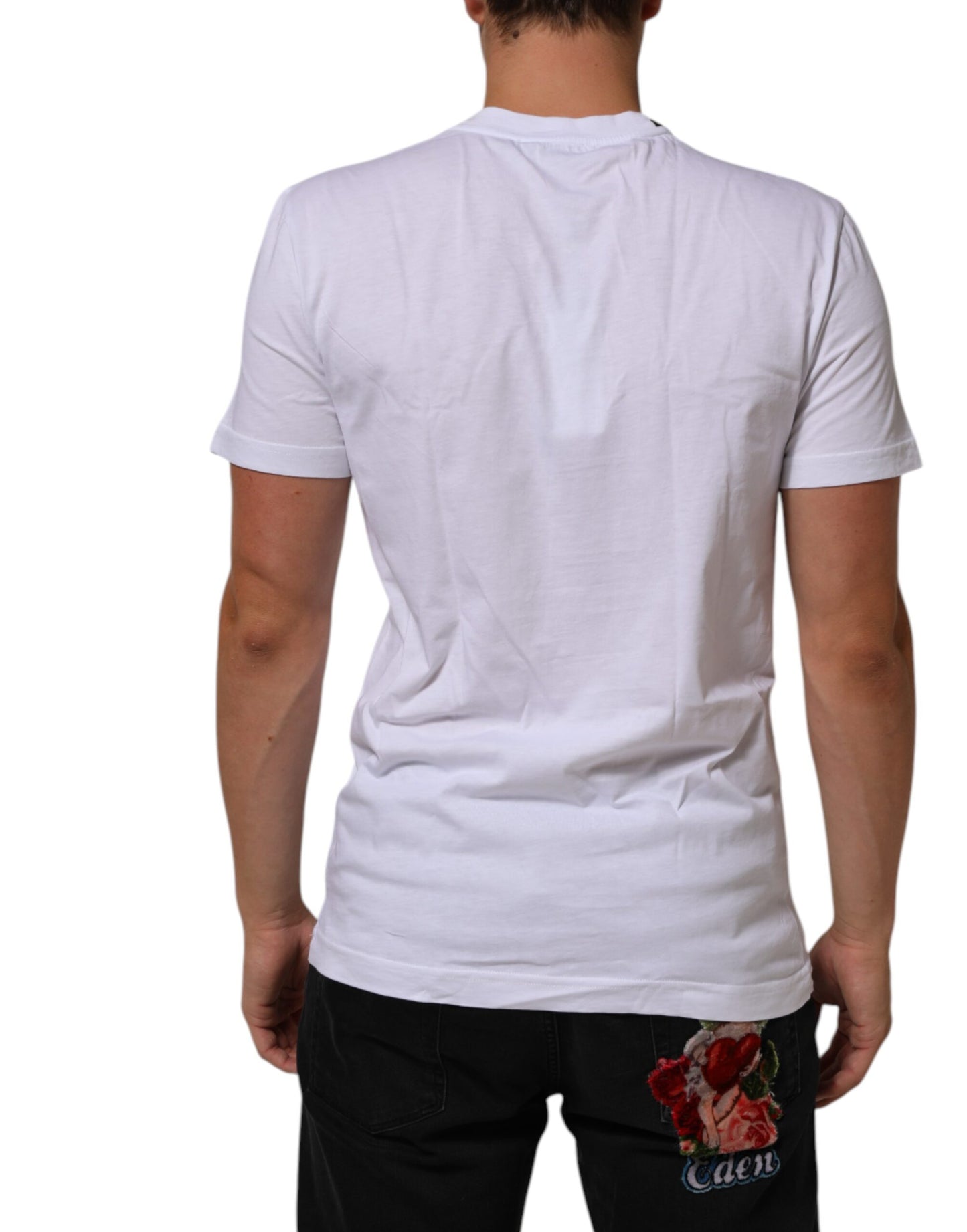 White Cotton Logo Print Crew Neck Men T-shirt
