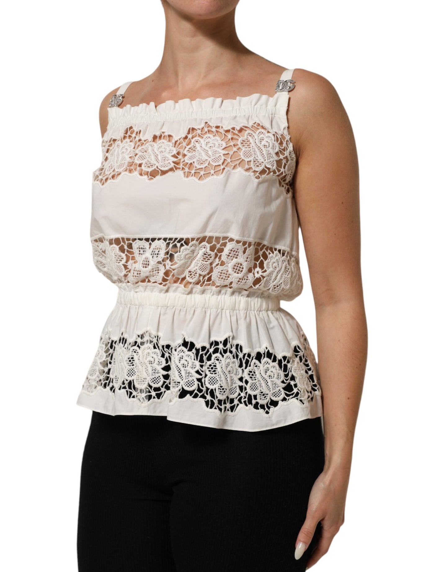 Dolce & Gabbana White Poplin Openwork Embroidery Tank Top