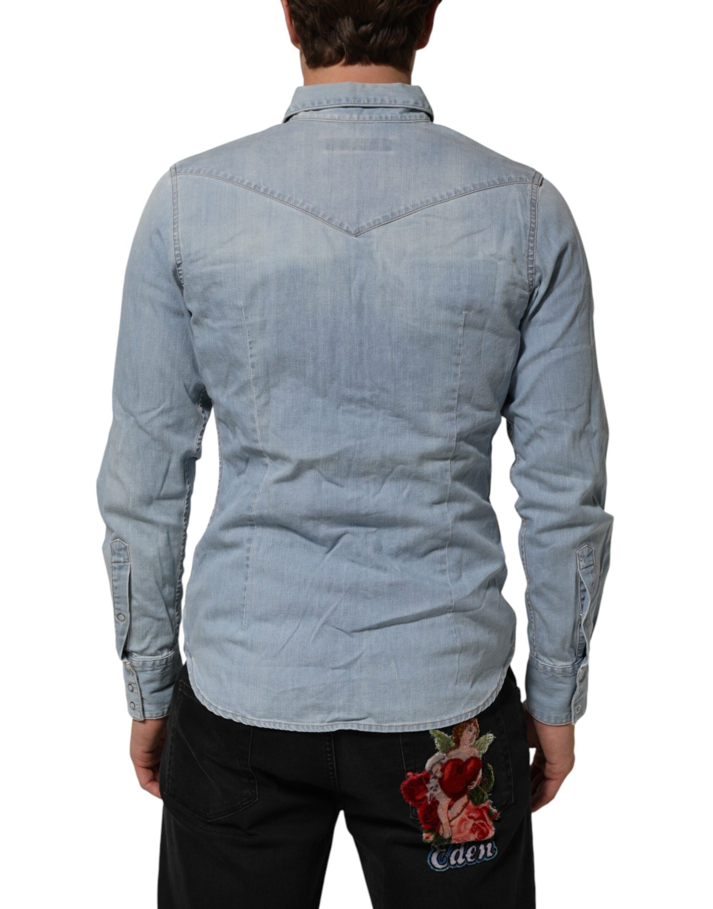 Maison Clochard Blue Denim Collared Long Sleeve Men Shirt