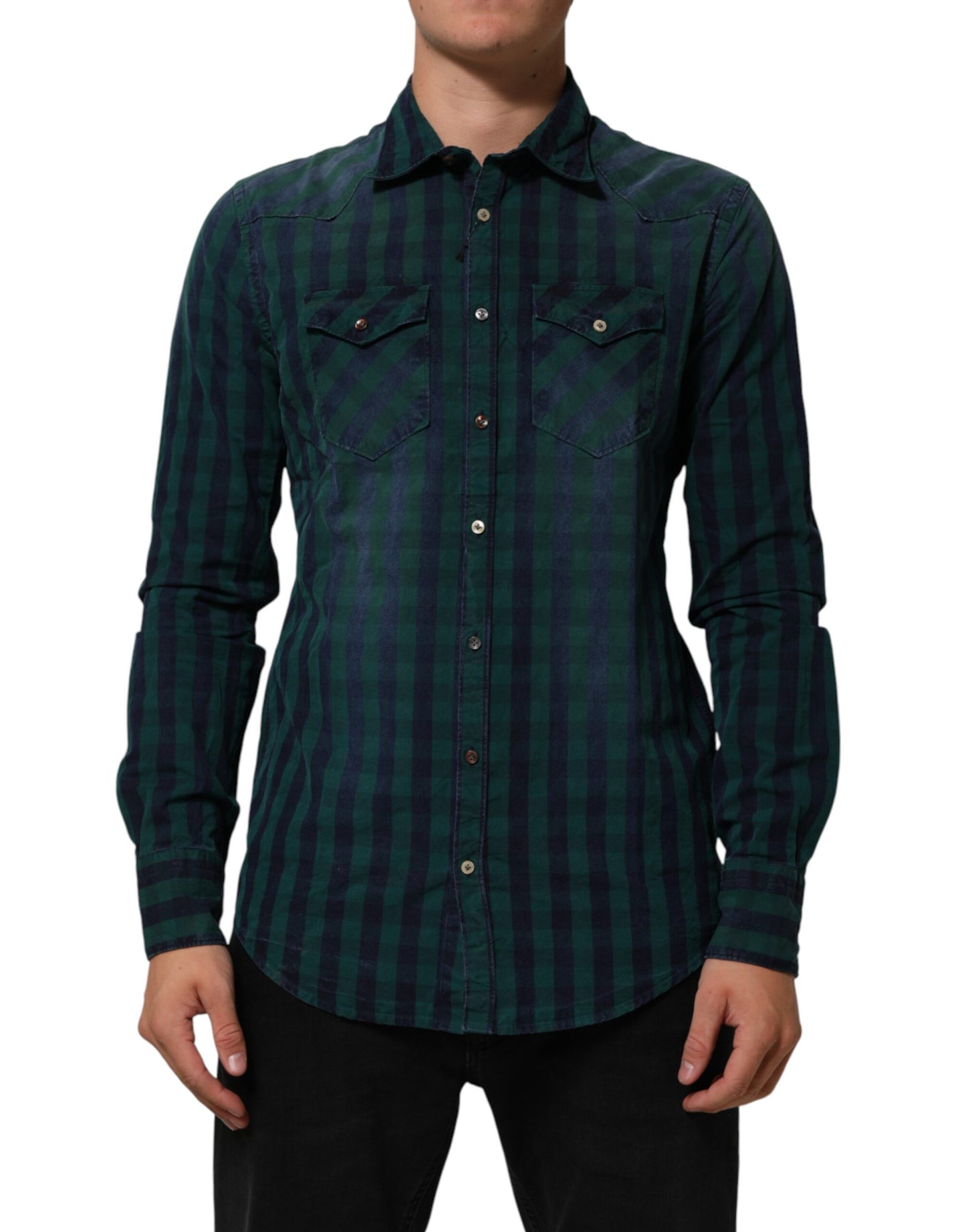 AGLINI Green Checkered Cotton Button Down Long Sleeves Shirt
