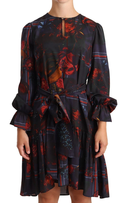 Ballantyne A-line Navy Blue Floral Silk Long Sleeve Knee Length Dress