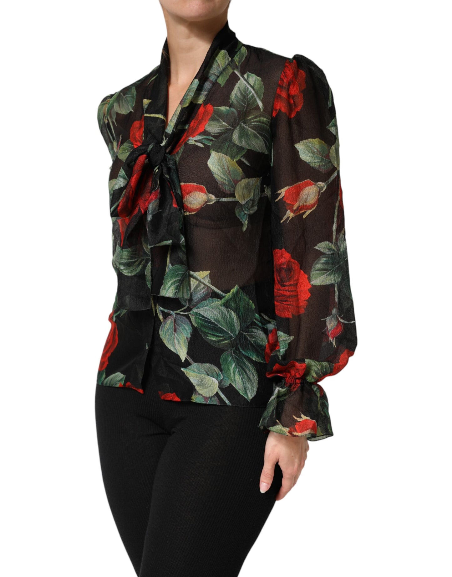 Dolce & Gabbana Black Floral Long Sleeves Silk Blouse Top