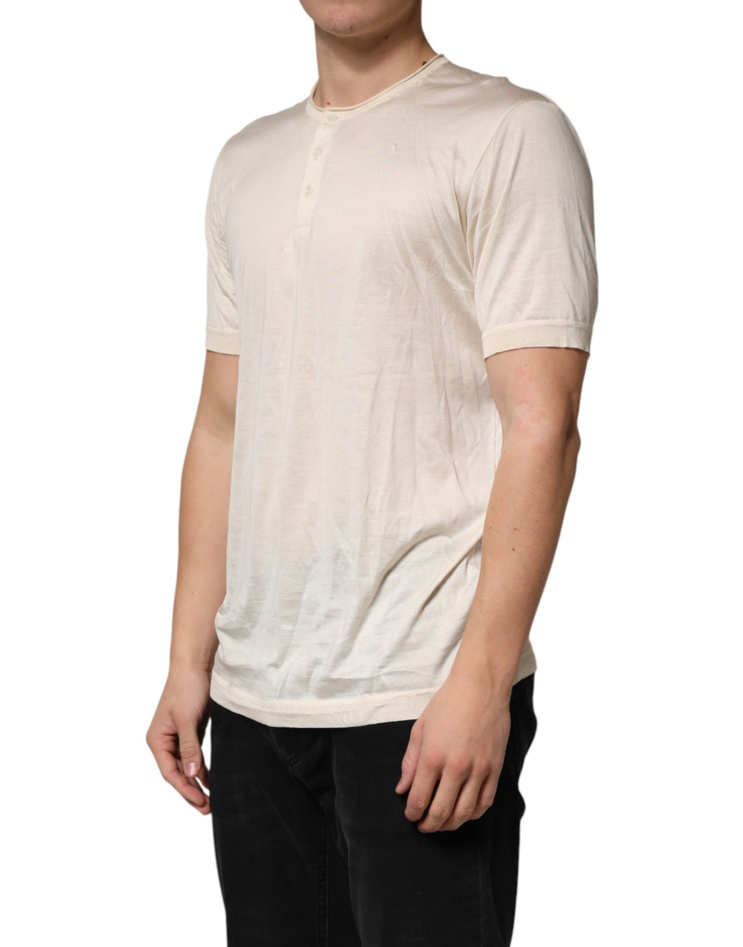 Dolce & Gabbana Off White Cotton Blend Men Henley T-shirt
